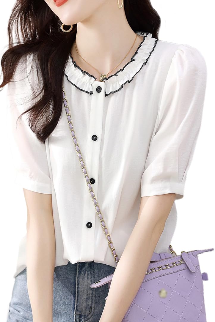 

Блузка Летний Топ С Коротким Рукавом Футболка С Круглым Вырезом Воротник с Рюшами Застежка на Пуговицах Спереди Топ Стильный Женственный Чистый Взрослый Повседневный OL Для Поездок на Работу [H. zroy] белый