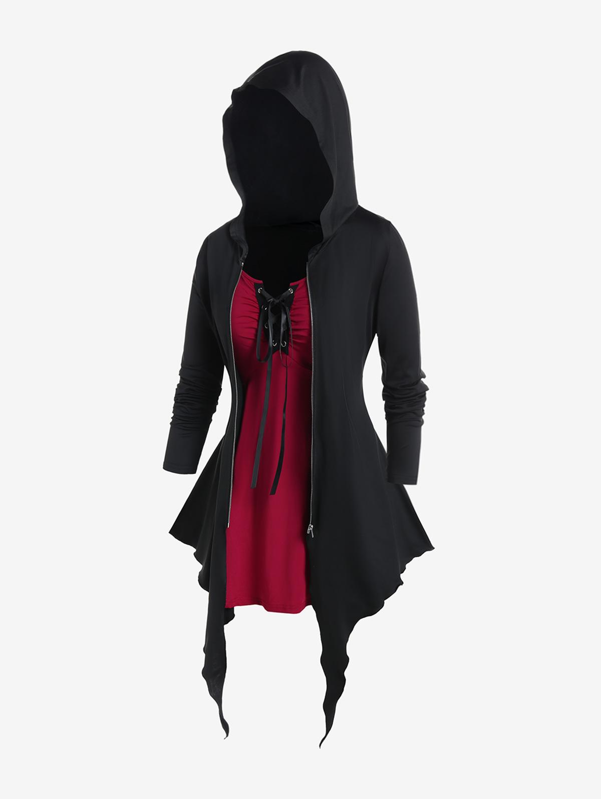 

Футболка Rosegal Gothic Lace Up Full Zipper Hooded Asymmetric 2 in 1 M чёрный