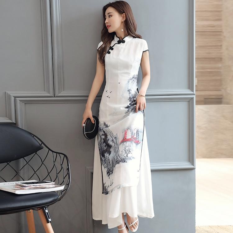 Sommer Elegant Schlank Damen Malerei Cheongsam Weißes Kleid Qipao Chiffon Vintage Chinesischer Stil Kleid XS gray