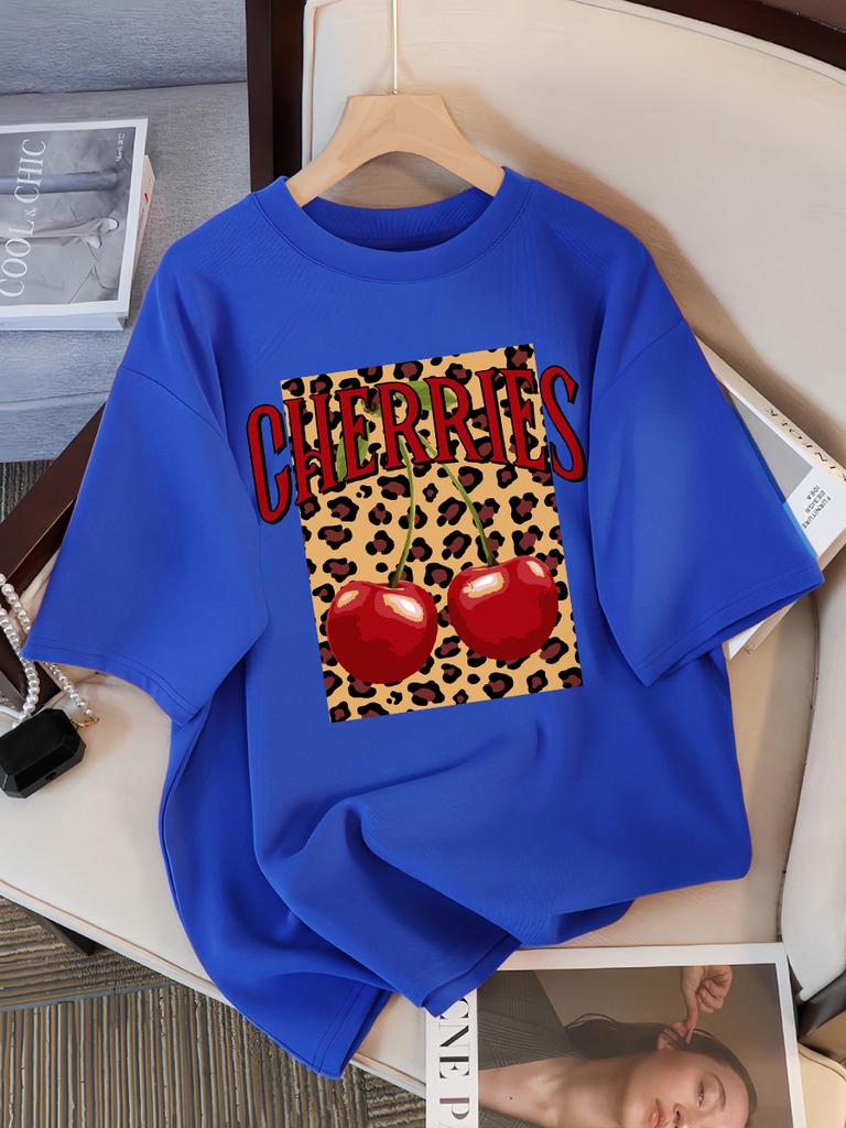 Leopard Cherry Creative Design Womens Tee Shirts Cotton Casual T Shirt Summer O-Neck Streetwear Soft Oversized Short Sleeve