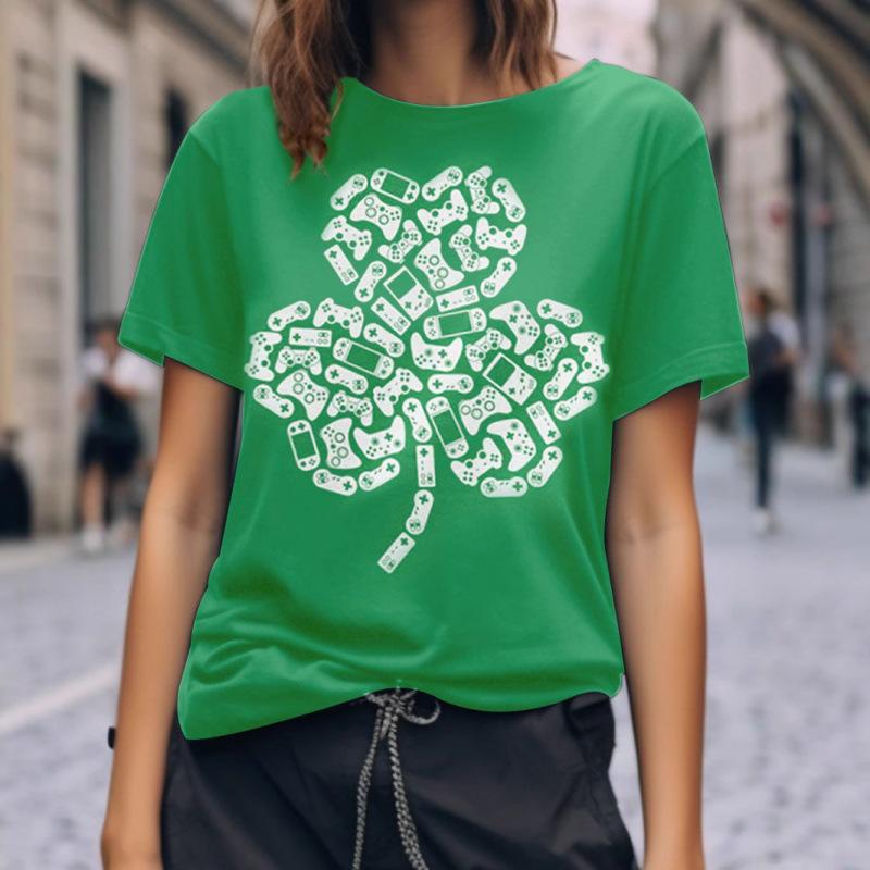 

Summer Round Neck 3D Clover Print Top Fashionable Casual Short Sleeved Women s T-shirts S