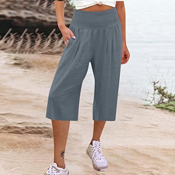 Summer Eurn Women's Cross-border Cotton Hemp Seven Waist Pocket Pocket Pocket Pocket Wide Leg Pants Woman