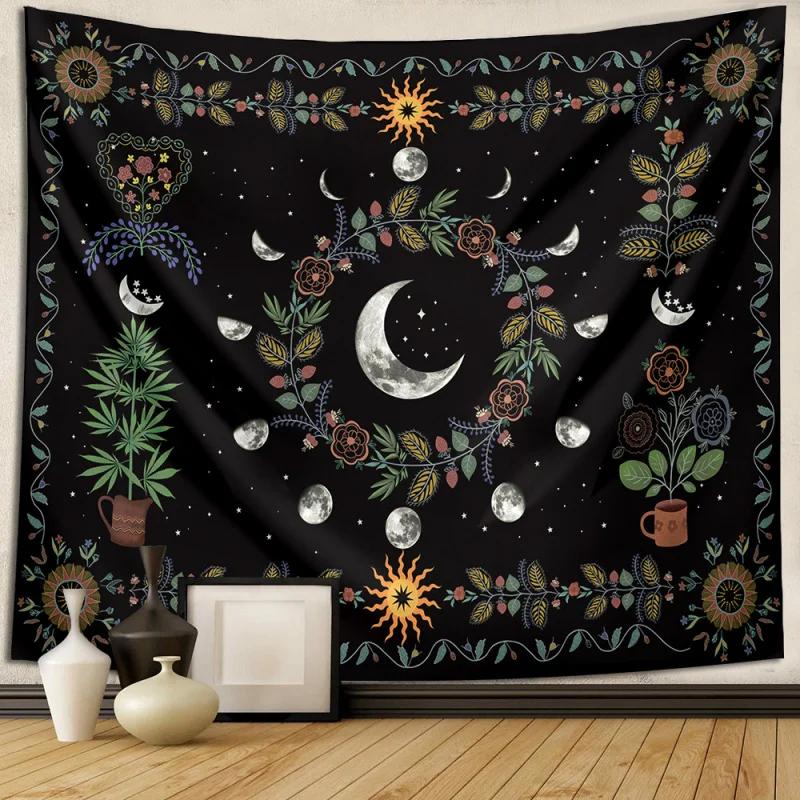 Moon Phase Floral Tapestry Celestial Botanical Witchy Wall Hanging Aesthetic Tapestries for Bedroom Decor 100X70CM