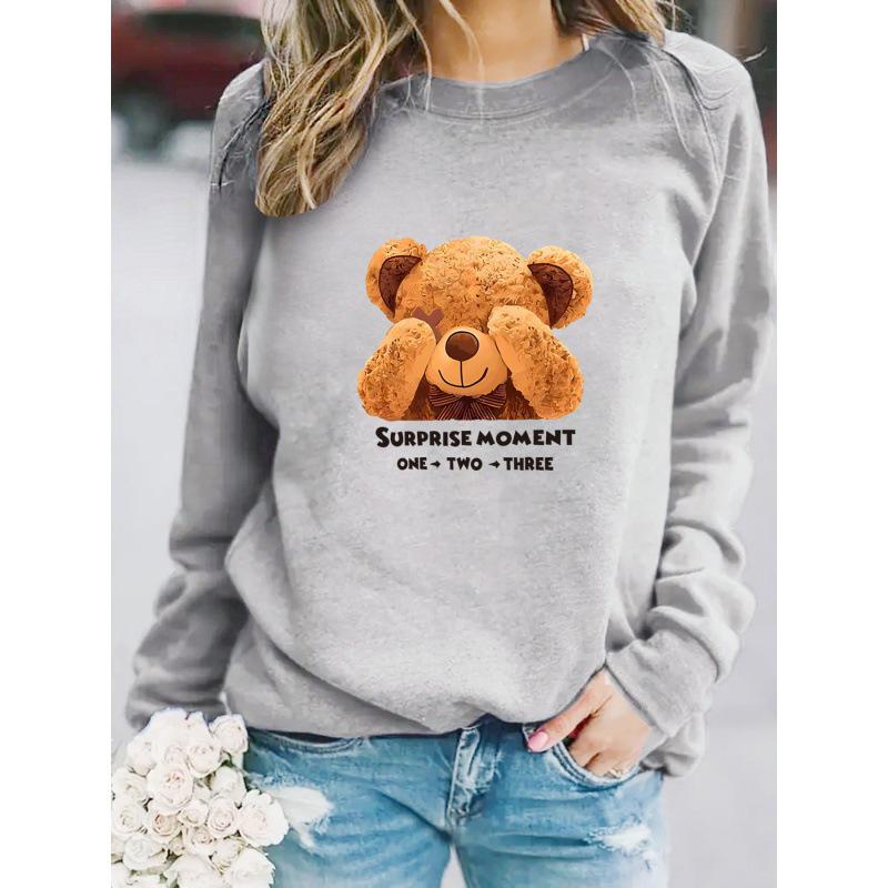 Women's Cartoon Bear Print Long-Sleeve Round Neck Pullover Hoodie - Autumn/Winter Collection