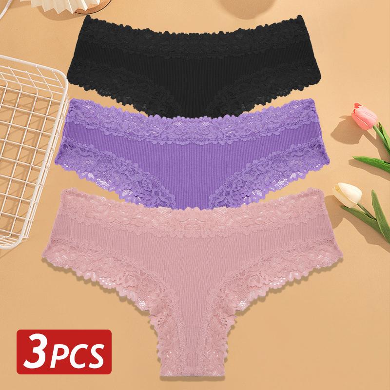 3PCS/Set Women Cotton Panties Floral Lace Brazilian Panties Sexy Low Waist Lingerie Female Soft Underwear Solid T-Back Bikini