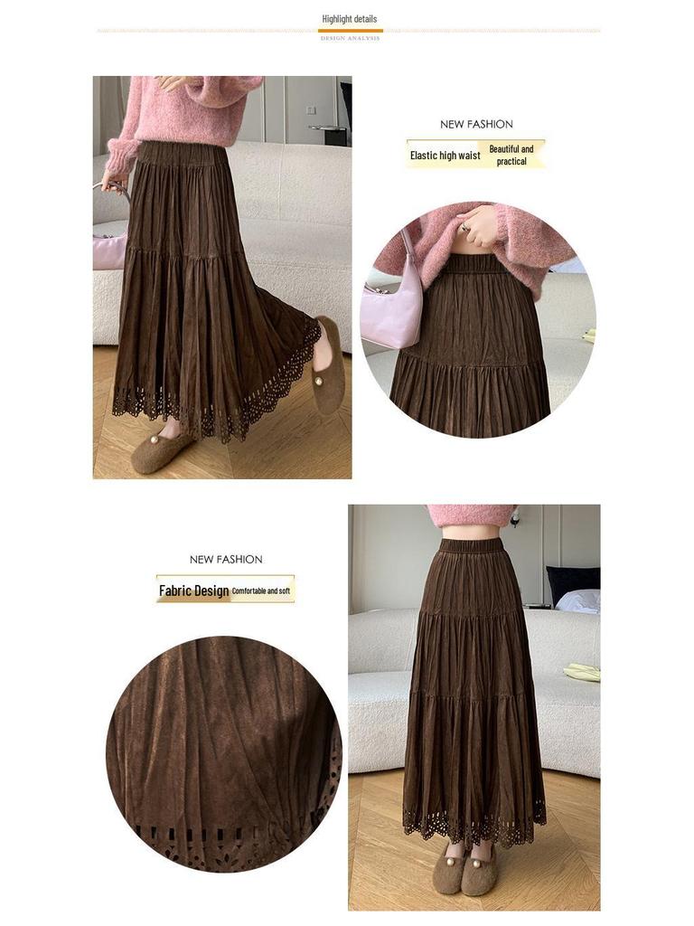 Pleated Suede Velvet A-line Skirt with Elastic High Waist