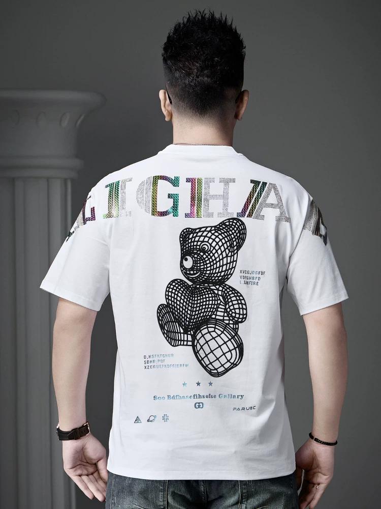 European Goods 2025 Summer New Fashion Brand Bear Print Short Sleeve T-shirt Men's Top Casual Loose Half Sleeve T-shirt