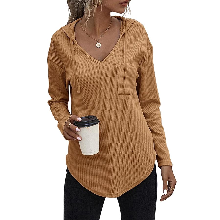 New Women s V-Neck Long Sleeve Hoodie with Drawstring and Pocket S жёлтый