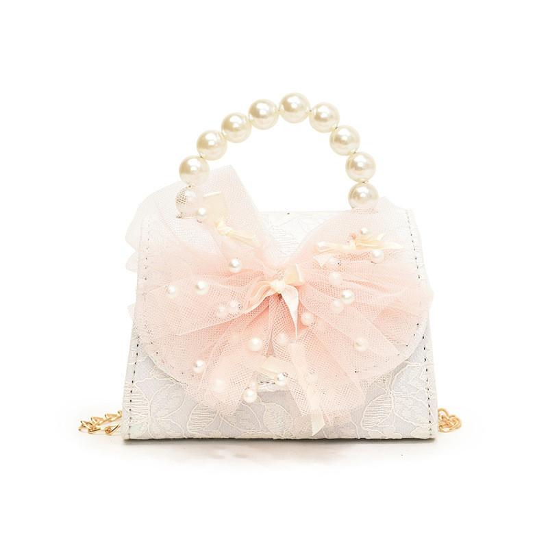 Modern Pink Blue And White Pu Children's Shoulder Bag With Chic Lace Bow Accent