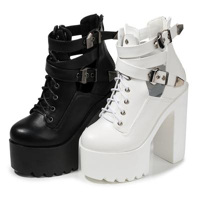 Botas de plataforma con cordones para mujer, tacones altos cuadrados, botas cortas para mujer, zapatos de otoño e invierno, calzado informal negro para mujer