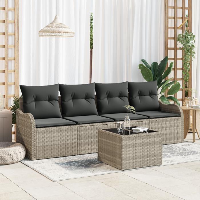 Ensemble de canapés de jardin 5 pièces avec coussins Gris clair Poly Rotin, Canapé de jardin 2 places avec coussins Gris 3345572