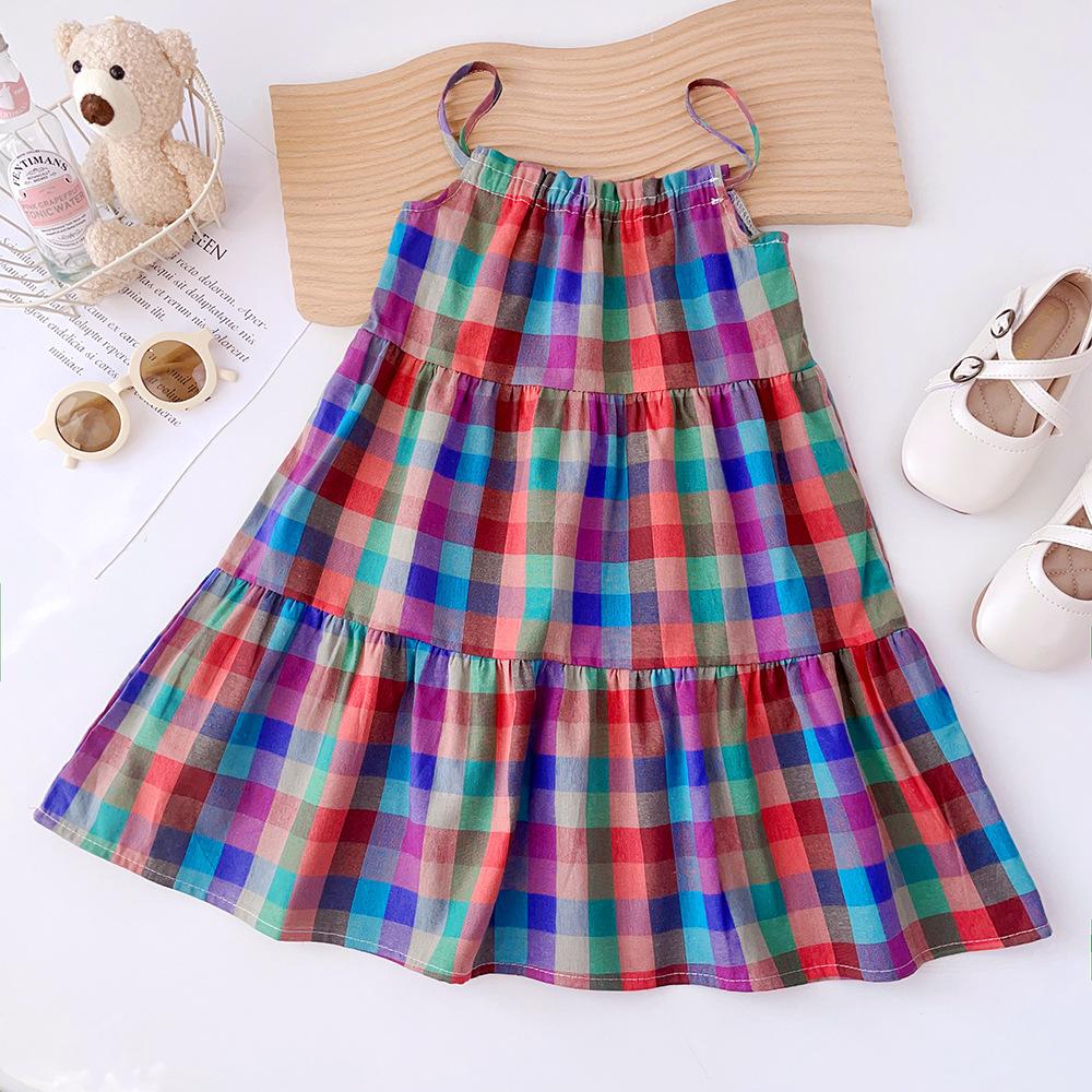 Girls Summer Colorful Plaid Dress Stylish Strap Sundress Fashionable Vacation Princess Dress for Kids 110cm разноцветный