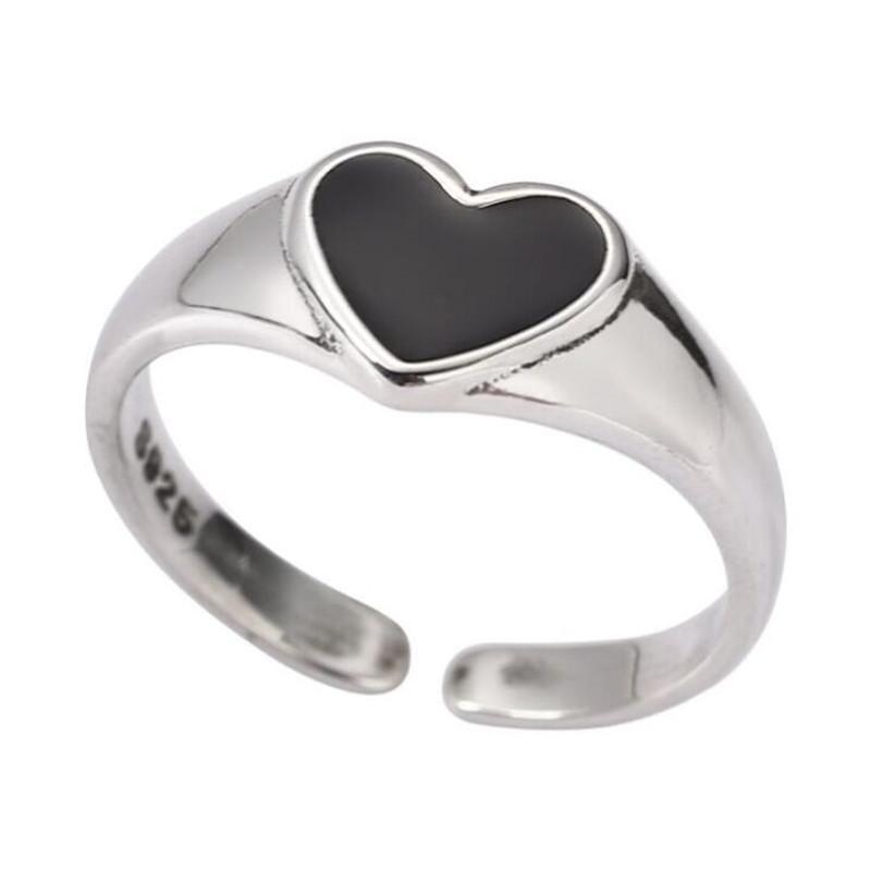 Sweet And Cool Epoxy Black Love 925 Sterling Silver Jewelry Personality Heart Shaped Fashion Temperament Opening Rings TYB010