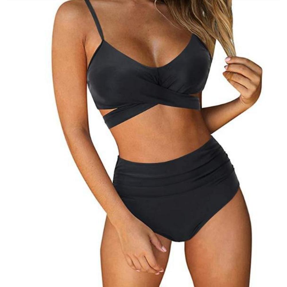 Europäischer und amerikanischer Bikini-Badeanzug für Damen mit hoher Taille und geteilter Cross-Bag