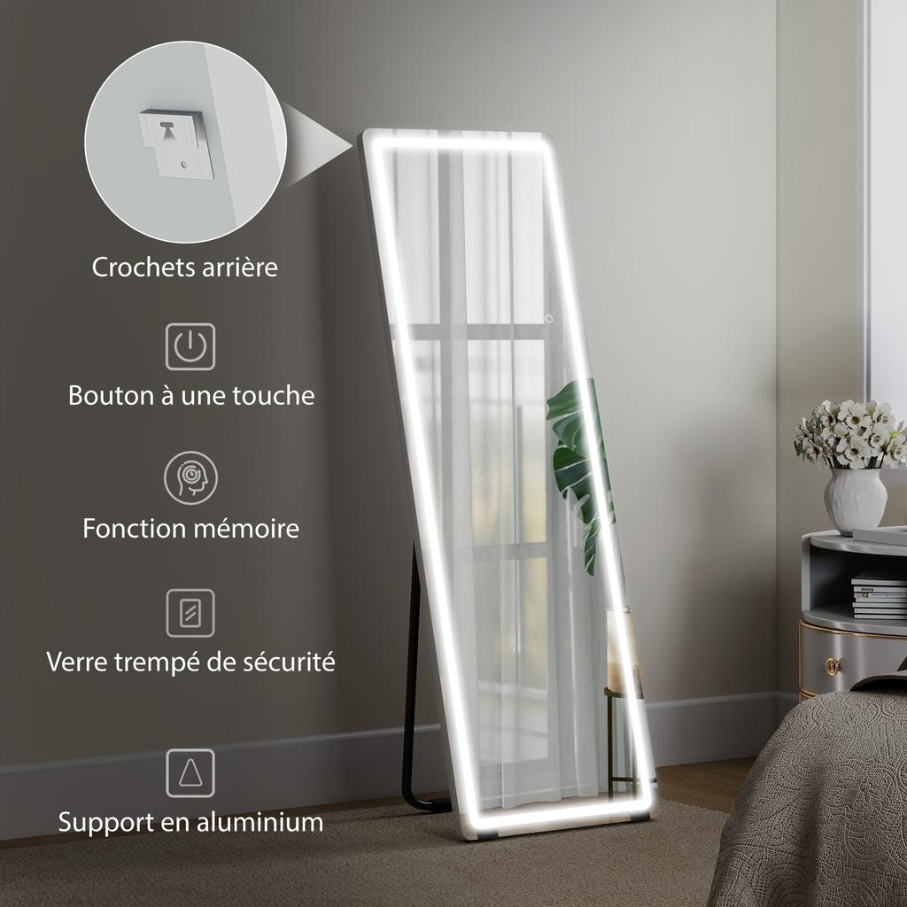Freestanding LED Mirror, 150 x 50 cm, 3 Colors, Dimmable, Memory, 4 mm Tempered Glass, Clear