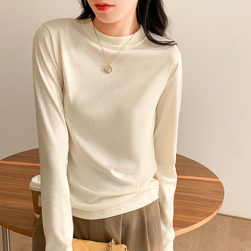 

Женская облегающая футболка с круглым вырезом и резьбой, новый стиль начала весны 2024 года, с маленьким воротником-стойкой, тонкая, с длинным рукавом XL