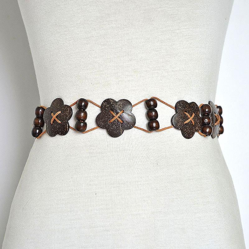 Meier Thin belt ethnic style wooden beads flower string stitching woven waist chain
