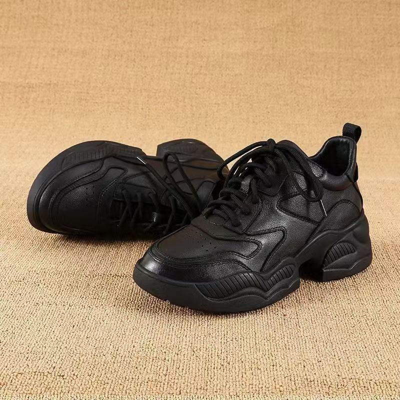 Zapatos de Papá de Suela Gruesa de Cuero Genuino Negro para Mujer Otoño/Invierno 2025: Versátil, Elegante y Casual.