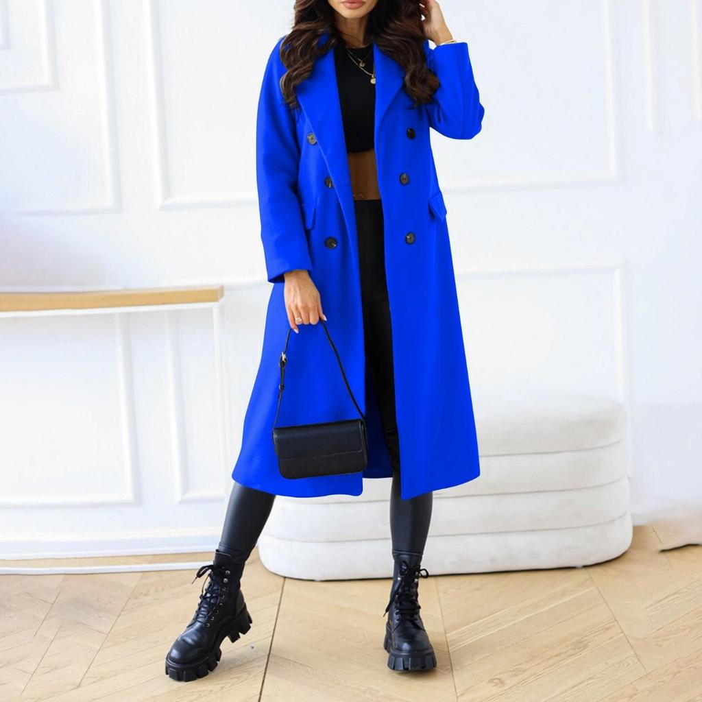 Women's Long Solid Double Breasted Long Sleeves Pocketless Coat Outwear Pocket Decoration