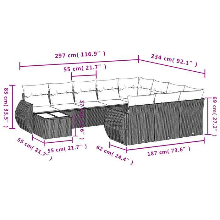 VidaXL Salon de Jardin avec Coussins 11 pcs, Canapés de Terrasse, Ensemble de Meubles de Patio, Mobilier d'Extérieur, Gris 3221929