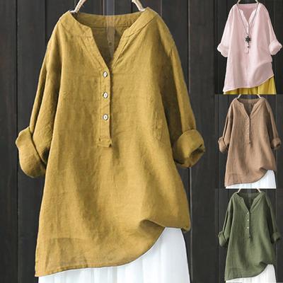 Women Solid Stand Collar Long Sleeve Shirt Casual Loose Blouse Button Down Tops