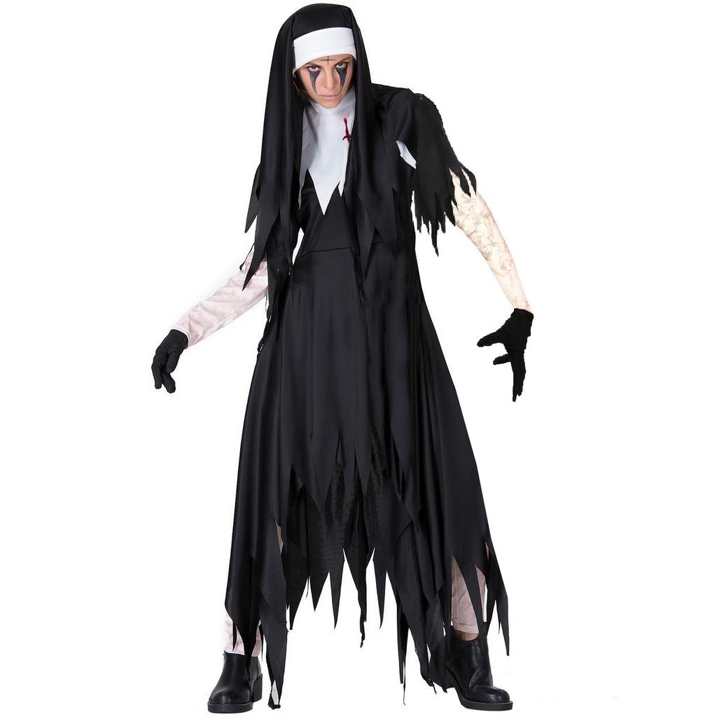 Halloween zombie nun costume, vampire horror bloody grim reaper cross serrated nun skirt