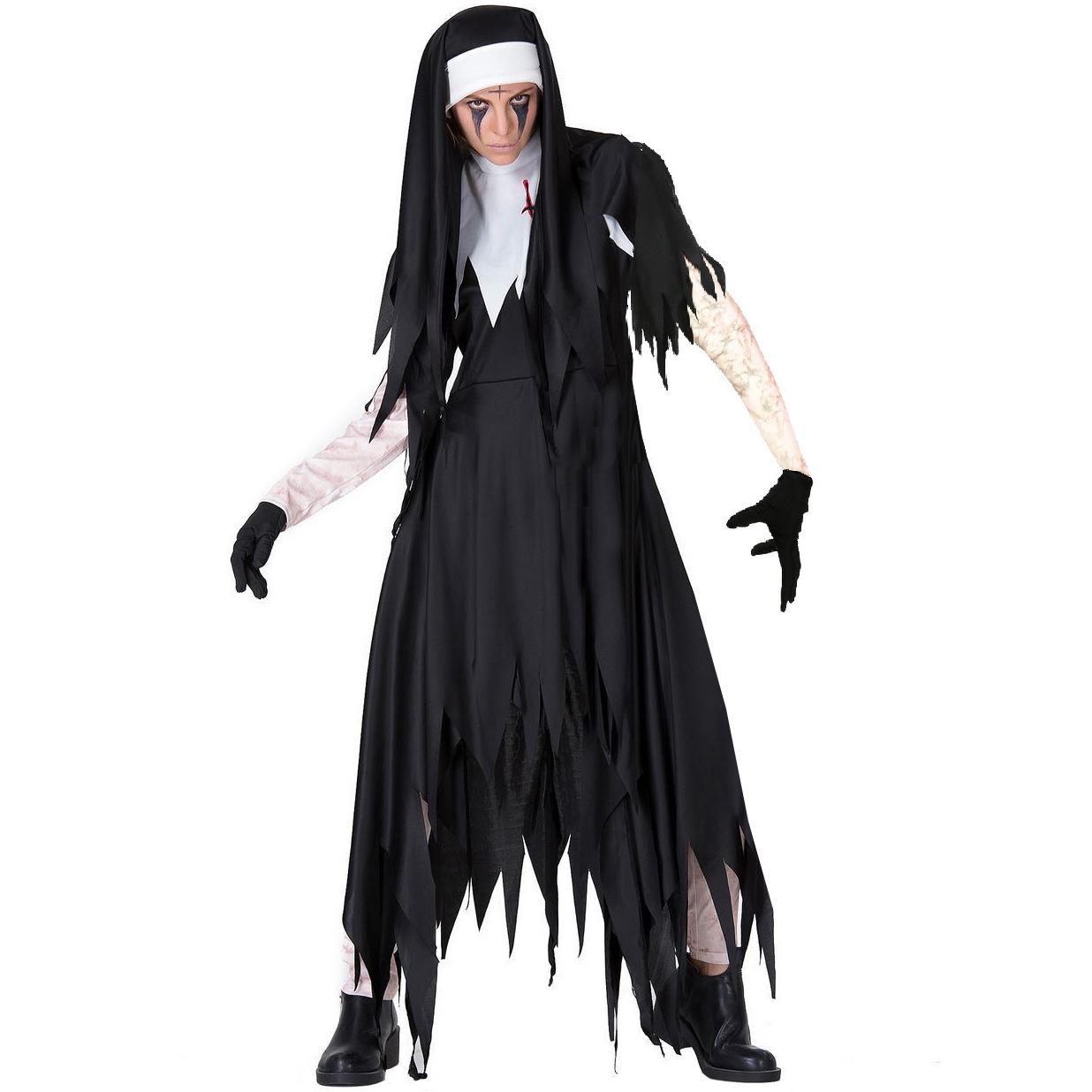 

Halloween zombie nun costume, vampire horror bloody grim reaper cross serrated nun skirt XXXL