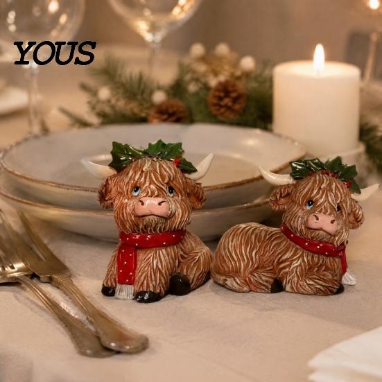 Winter Window Sill Accents 2Pcs Christmas Highland Cow Figurine, Resin Yak Statue with Red Gift for Lovers Scarf, Cute Animal Desktop Ornaments