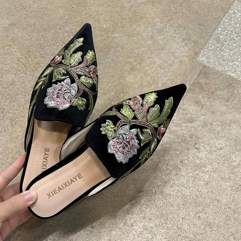 Summer Embroidery Women Mules Slippers Elegant Pointed Toe Slides Shoes Ladies Dress Flats Sandalias