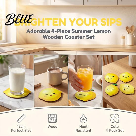 Summer Style Table Decor 4PCS Cute Lemon Shape Wooden Coasters, Non-slip Heat Insulation Pads, Non Slip Cup Mats Decorative Tableware for Kitchen