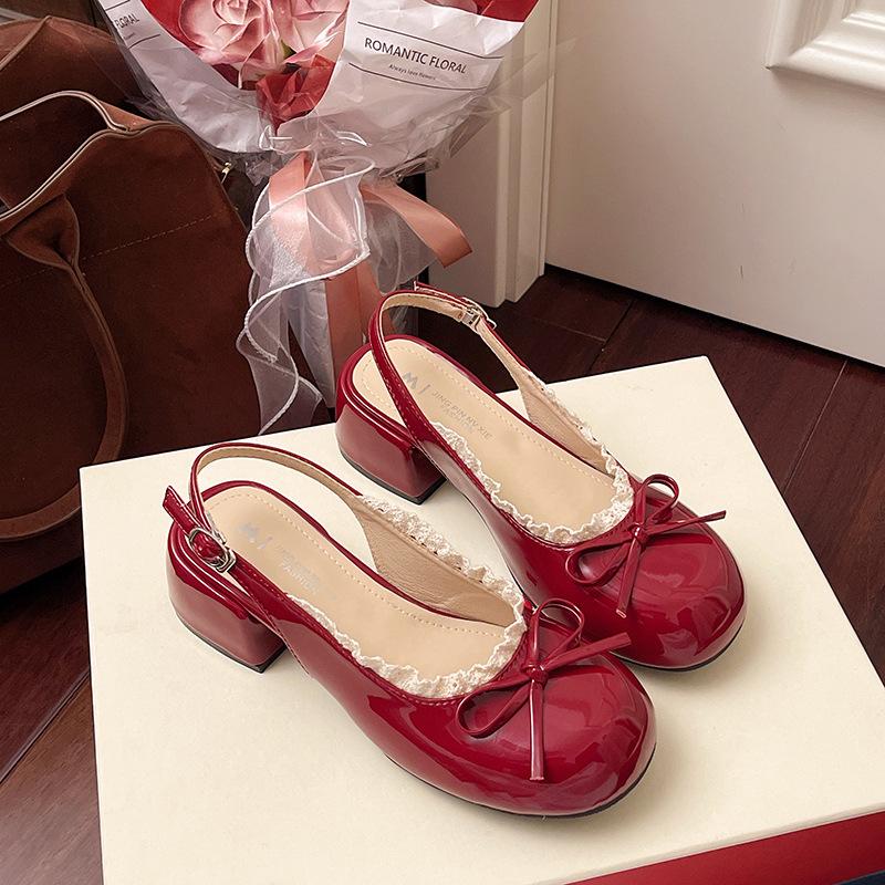 Niche design bow with lace thick heel cool slippers women's summer new one-word sandals