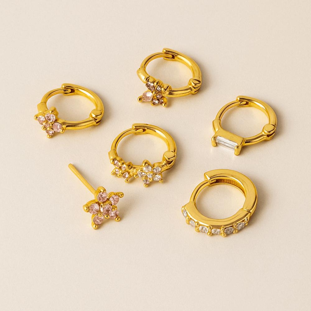 6Pcs Copper Flower Butterfly Earrings Hook Piercing Crystal Ear Studs Zircon Earring Set  Ladies