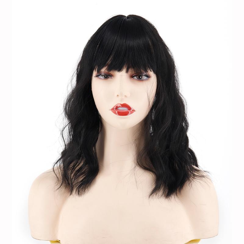 MISS WIG Women Natural Short Wavy Hair Extensions with Bangs Clip On Wig Synthetic Fiber Hair Piece Suitable for Party Daily Use