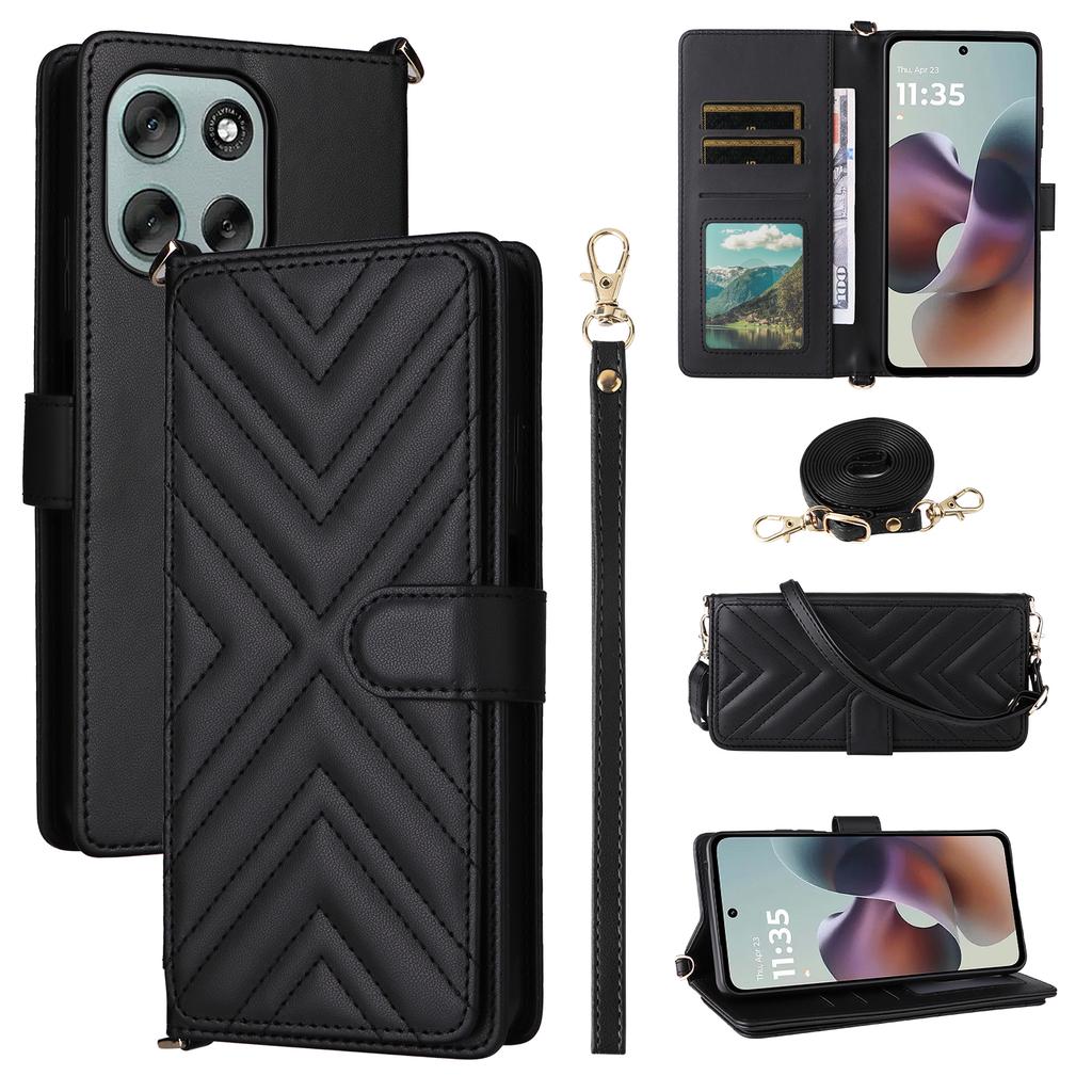 For Motorola Moto G56 5G Case with Shoulder/Wrist Strap Leather Phone Cover Stand Wallet