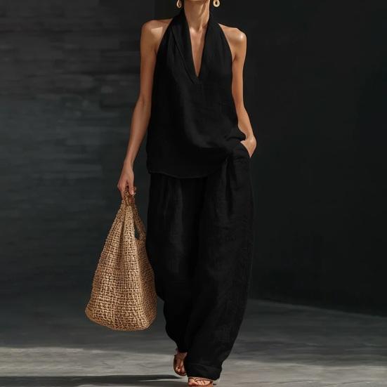 Completo in Cotone e Lino da Donna a 2 Pezzi con Top Canotta Senza Maniche con Scollo all'Americana e Pantaloni a Gamba Larga Set da Relax Abbigliamento Casual per le Vacanze