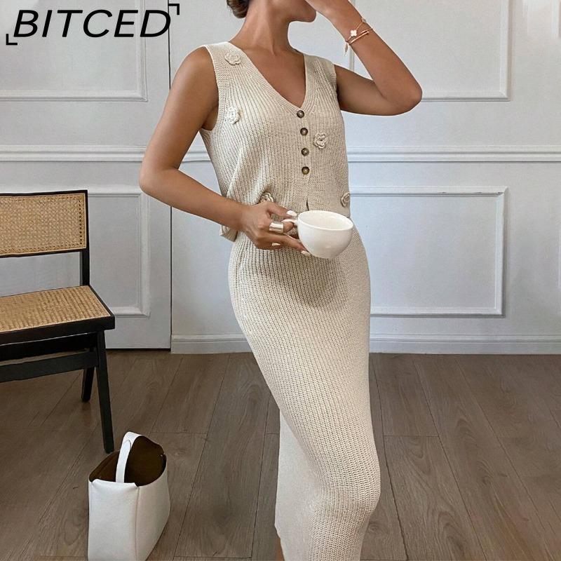 BITCED Spring/Summer 3D Floral Knit Waist-cinched Dress with Sleeveless Vest Top Two-Piece Set