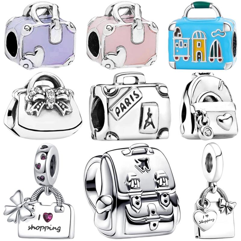 NEW Fit Silver Europeans Bracelet DlY Women Jewelry Gift Pink Travel Purple Backpack Charm Shopping Bag Dangle Bead