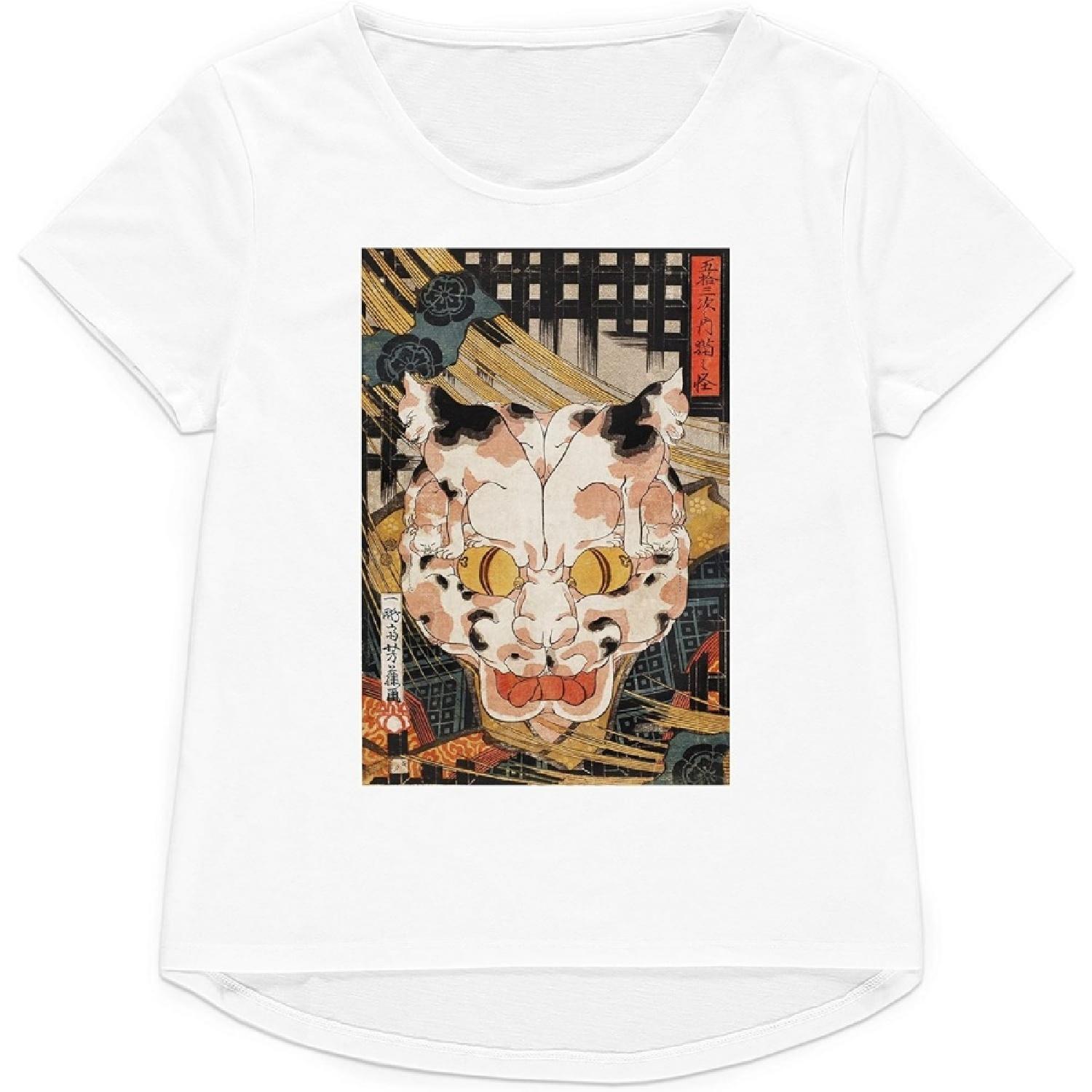 Японская футболка Укиё-э Деревянная гравюра Кот Йокай Женская Мужская Графическая Печатная футболка XXXXXL белый