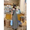 Retro square neck bubble sleeve plaid dress children's summer new high-end temperament a-word long dress