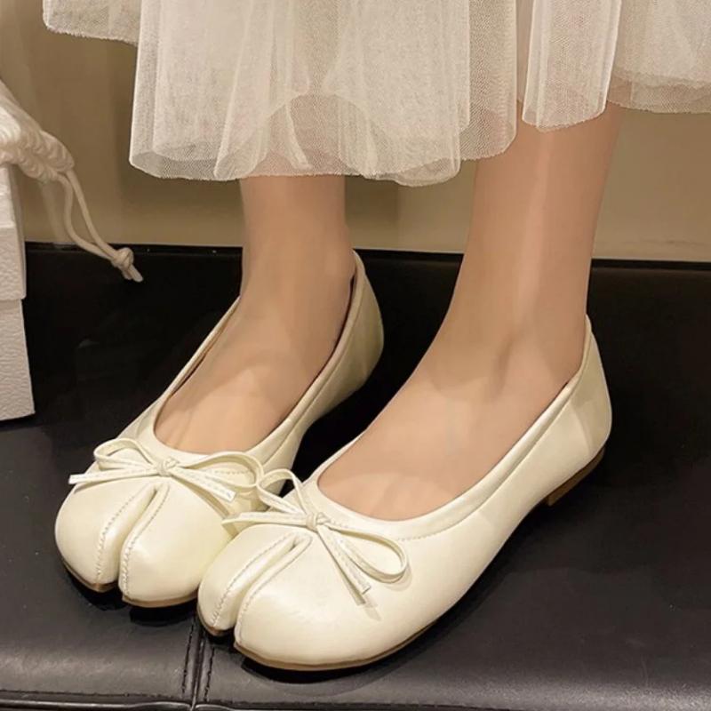 Buty w stylu japońskim Damskie Wygodne Skórzane Płaskie Buty Split Hoof Toe Mokasyny Modne Damskie Do Sukienki Dżinsów Węzeł Kokardkowy Baleriny