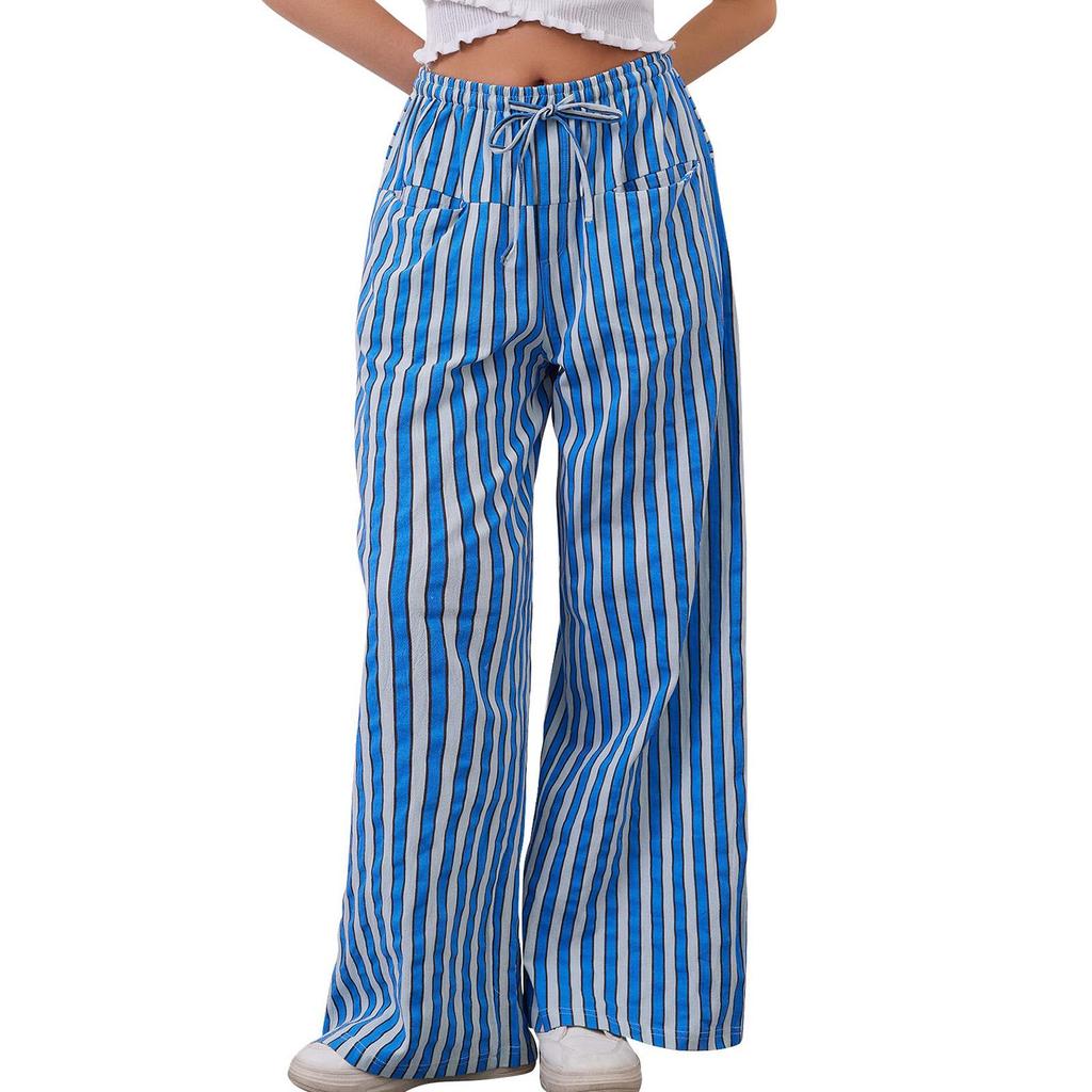 2024 Women's European & American Casual Striped Low Waist Wide Leg Drawstring Multi-Pocket Pants