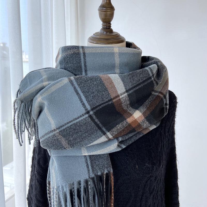 Korean-Style Plaid Scarf for Women, Autumn/Winter 2023; Versatile, Warm Tassel Shawl.