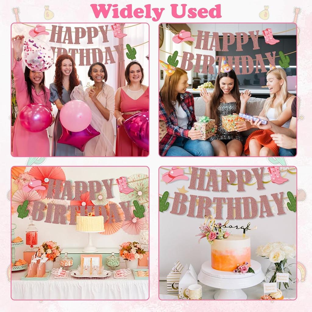 Western Birthday Party Decorations, Cowboy Party Decorations Happy Birthday Banner Glitter Western Party Decors Hanging Banner Cowgirl Birthday Party