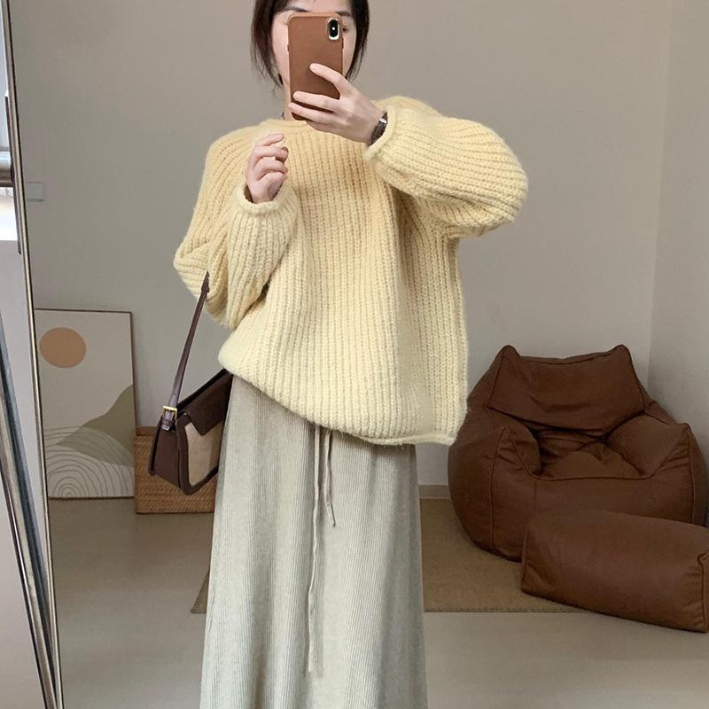 DAFIFY Women's Fashion Casual Fall Winter Solid Color Print Long Sleeve O-Neck Sweaters