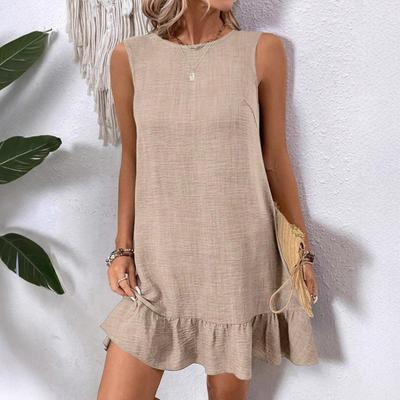 Rochie de soare de vară cu tiv cu volan, largi, fără mâneci, cu gât rotund, culoare uni, mini rochie în linie A pentru întâlniri la plajă, vacanță