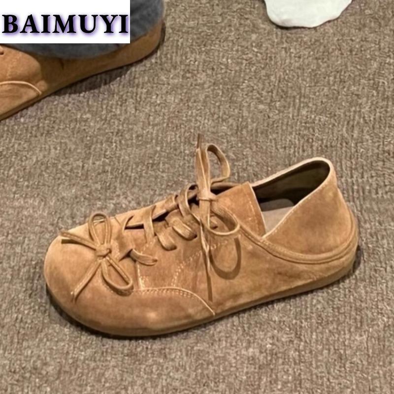Bow Flats Casual Women Sneaker Suede Mules Shoes Woman Brand Loafers 2024 Autumn Lace Up Sport Lolita Dress Zapatillas De Mujer