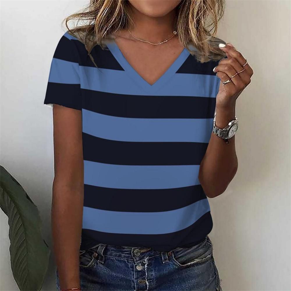 

Stripe Graphic T Shirt Women Summer V-Neck Short Sleeve Tops Holiday Casual Tees Y2k Woman Streetwear Harajuku Oversized T-shirt S