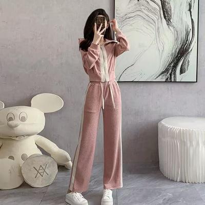 Modischer und Western Casual Sportanzug Damen Frühling und Sommer Farbkombination Reißverschlussjacke Weite Hosen Zweiteiliges Set