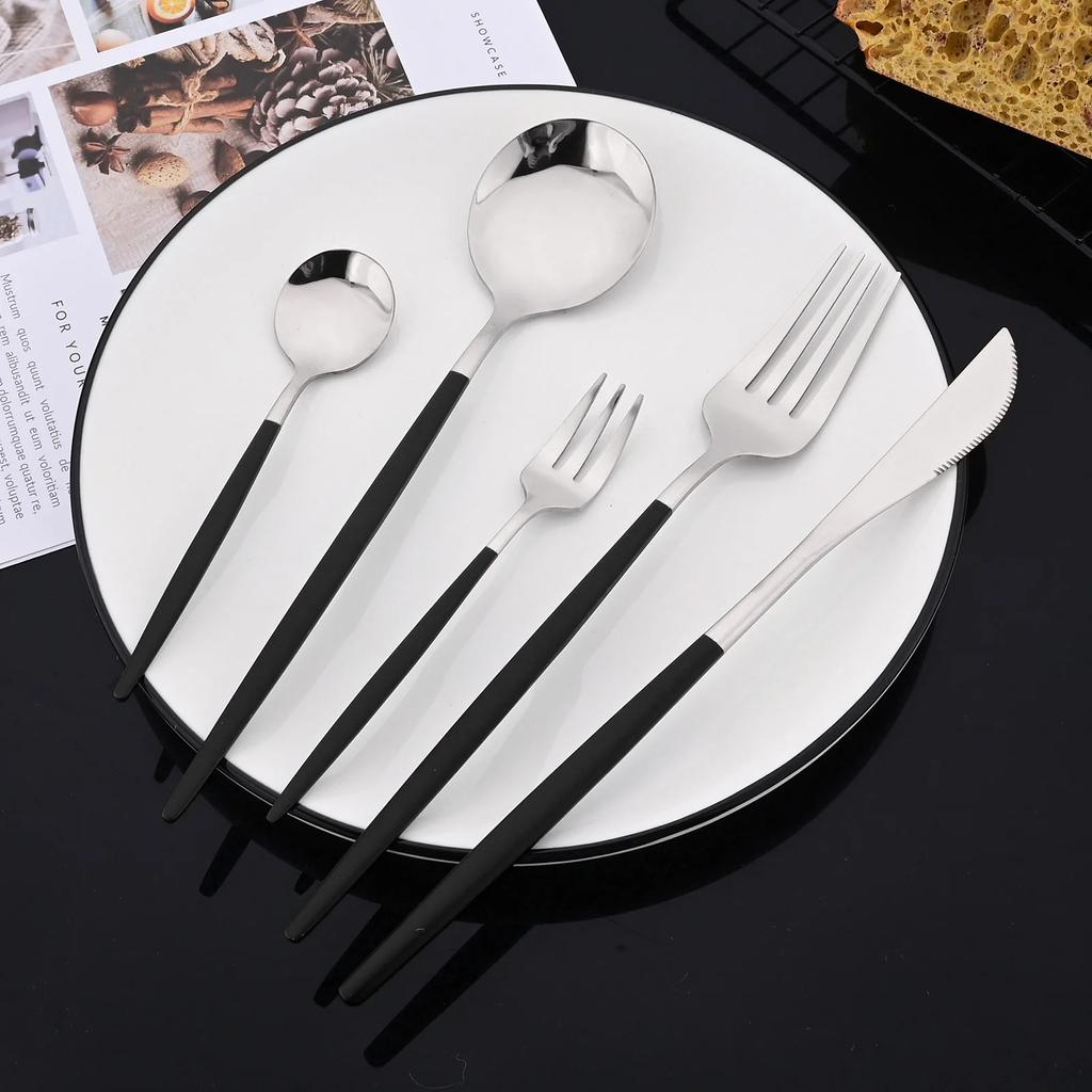 Ensemble de couverts noir argenté Ensemble de vaisselle Couverts en acier inoxydable Couteau de table Fourchette Cuillère Vaisselle Pour la maison Service pour 5