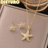 DIEYURO 316L Stainless Steel Golden Inlaid Zircon Starfish Ocean Style 2pc Necklace Earrings Set Lady Fashion Waterproof Jewelry